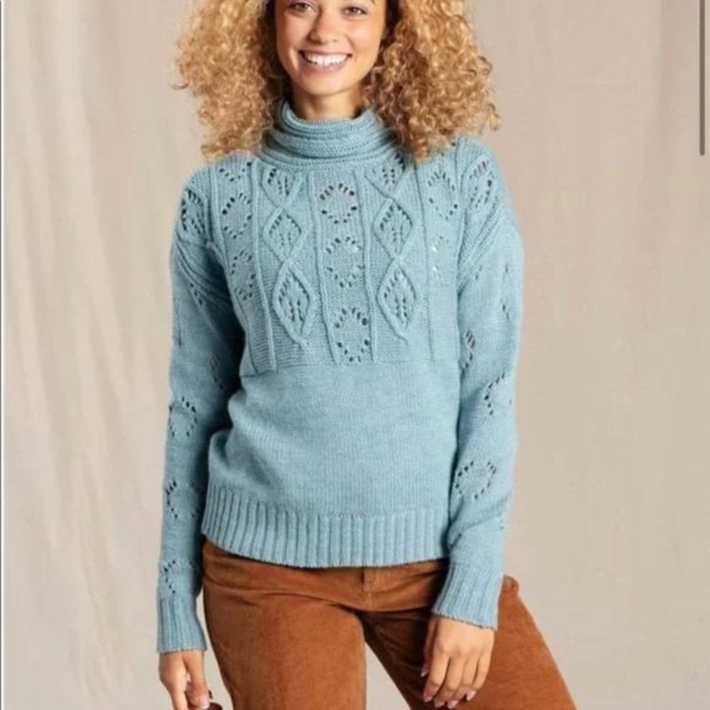 TOAD&CO 100% Wool Cable Knit Sweater Women's XS‎ Blue Tupelo Turtleneck